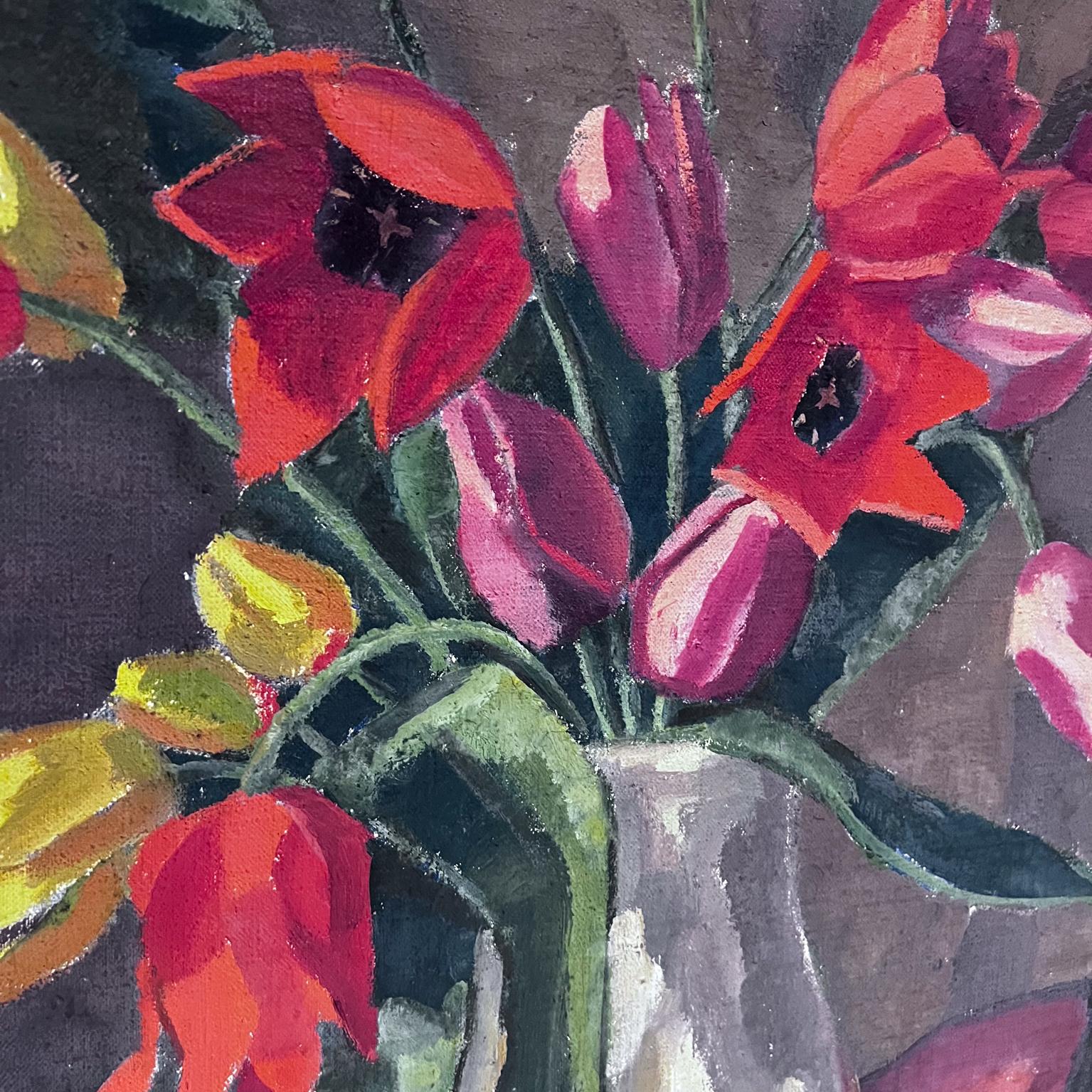 Mid-20th Century Oil on Canvas Floral Still Life Signed Painting For Sale 5