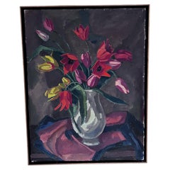 1960s Floral Art Painting Red Flowers Still Life Oil on Canvas