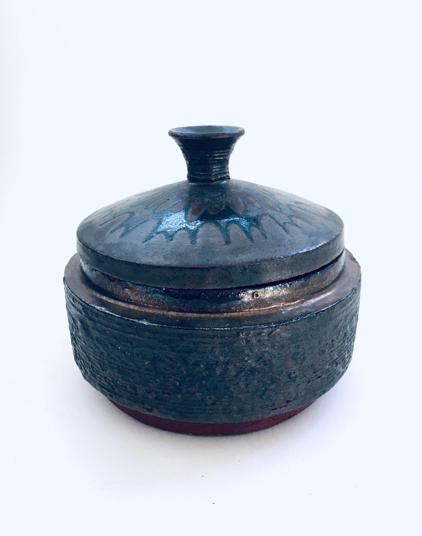 Belgian Vintage Art Pottery Studio Perignem Amphora Lidded Bowl, 1960's Belgium