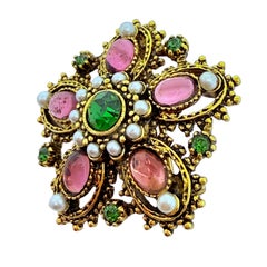 Vintage ART signed gold pink green glass pearl designer brooch