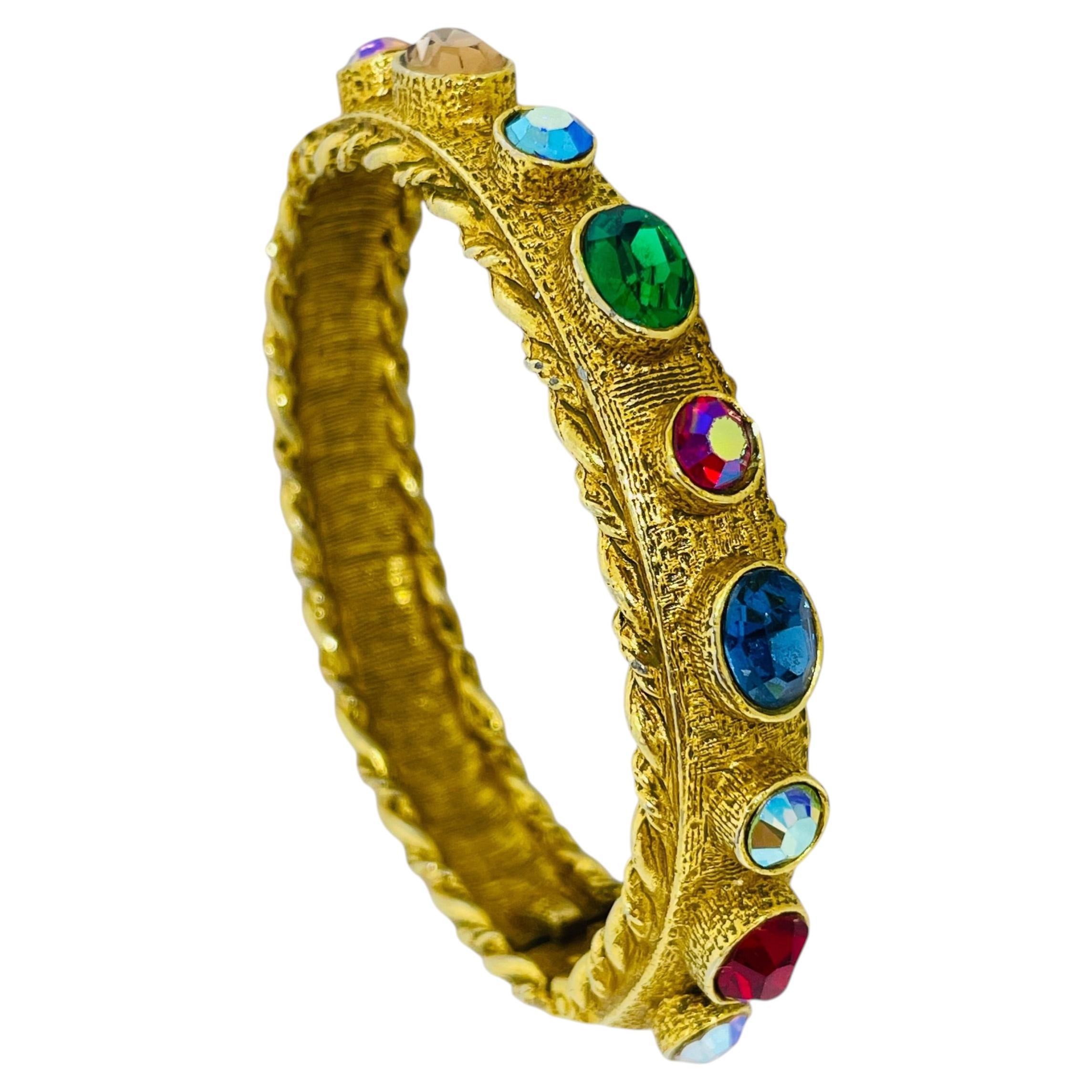 Vintage ART signed gold tone colorful glass designer bangle bracelet