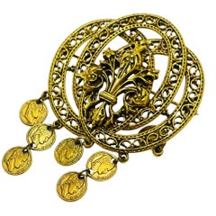Vintage ART signed gold tone dangle coin charms designer brooch