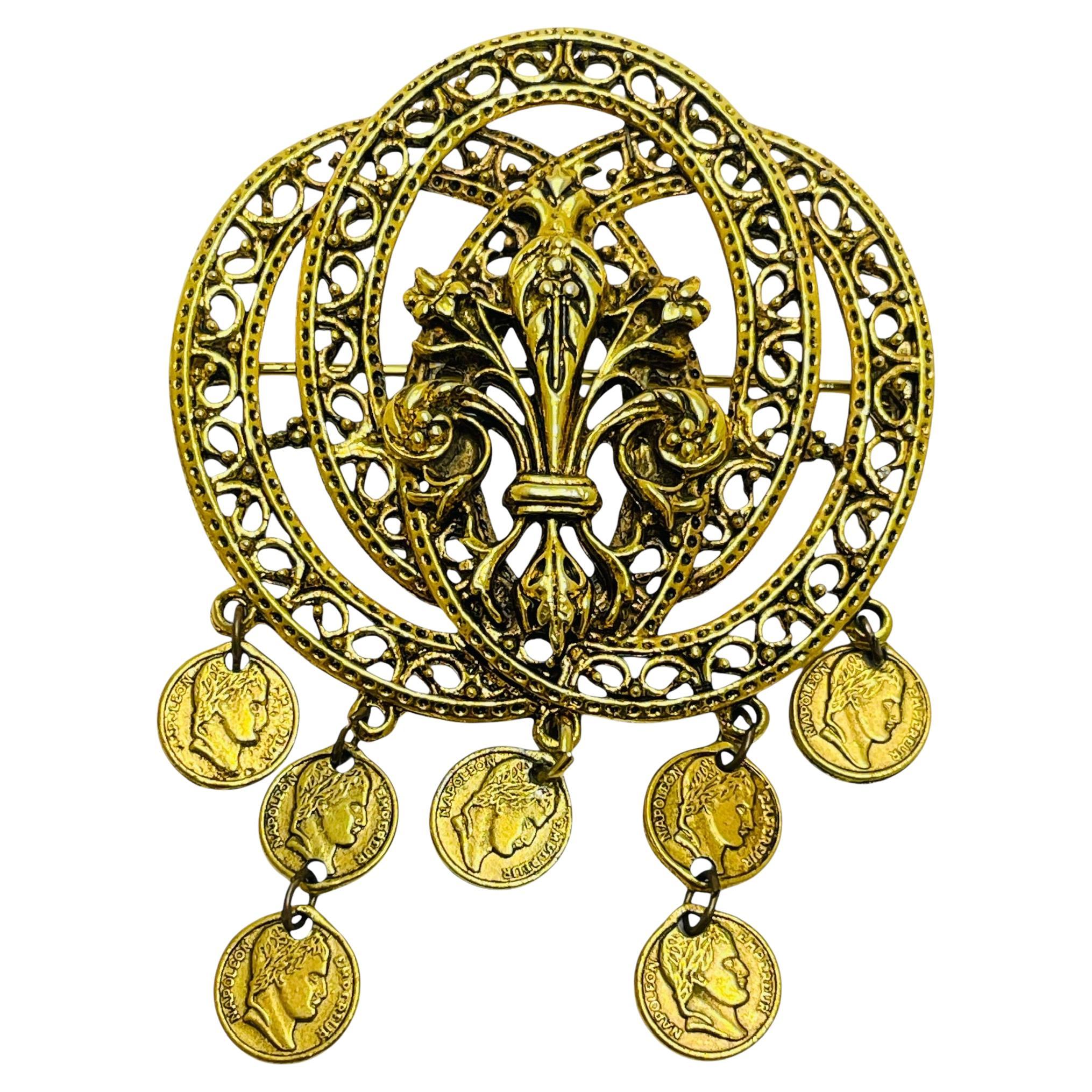 Vintage ART signed gold tone dangle coin charms designer brooch