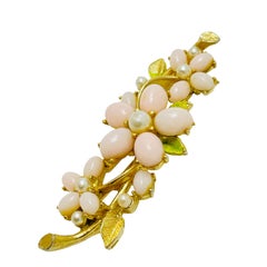 Vintage ART signed gold tone faux pearl coral flower designer brooch