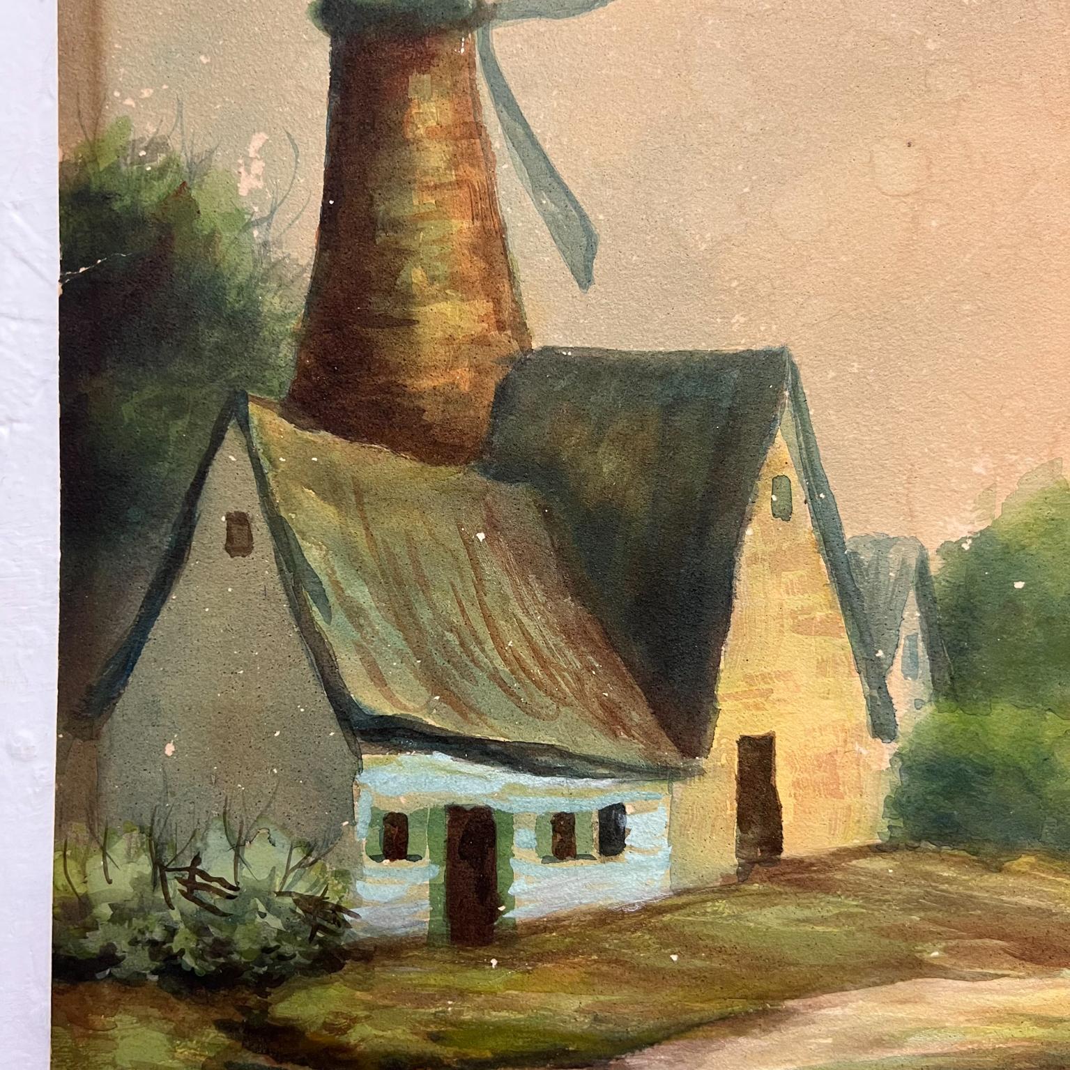 Vintage Art Watercolor Scenic Holland Countryside Windmill Lake & Boat For Sale 4
