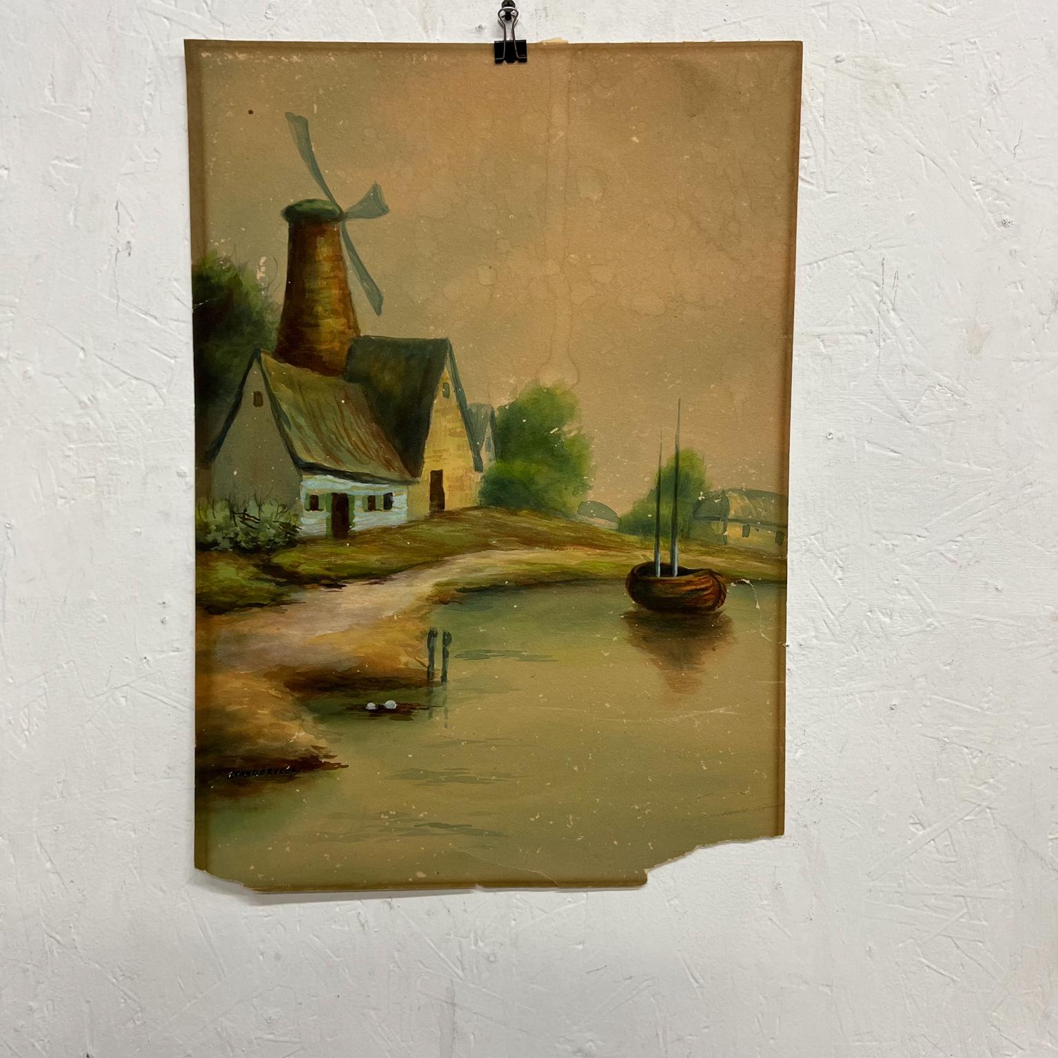 1950er Jahre Vintage Art Aquarell malerischen Holland Landschaft Windmühle See & Boot 
Maße: 14.25 x 20.15
Unterzeichnet, kann nicht lesen.
Distressed unrestaurierten Vintage-Zustand Papier hat einen Riss in der unteren rechten Ecke.
Alle Bilder
