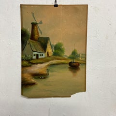 Vintage Art Watercolor Scenic Holland Countryside Windmill Lake & Boat