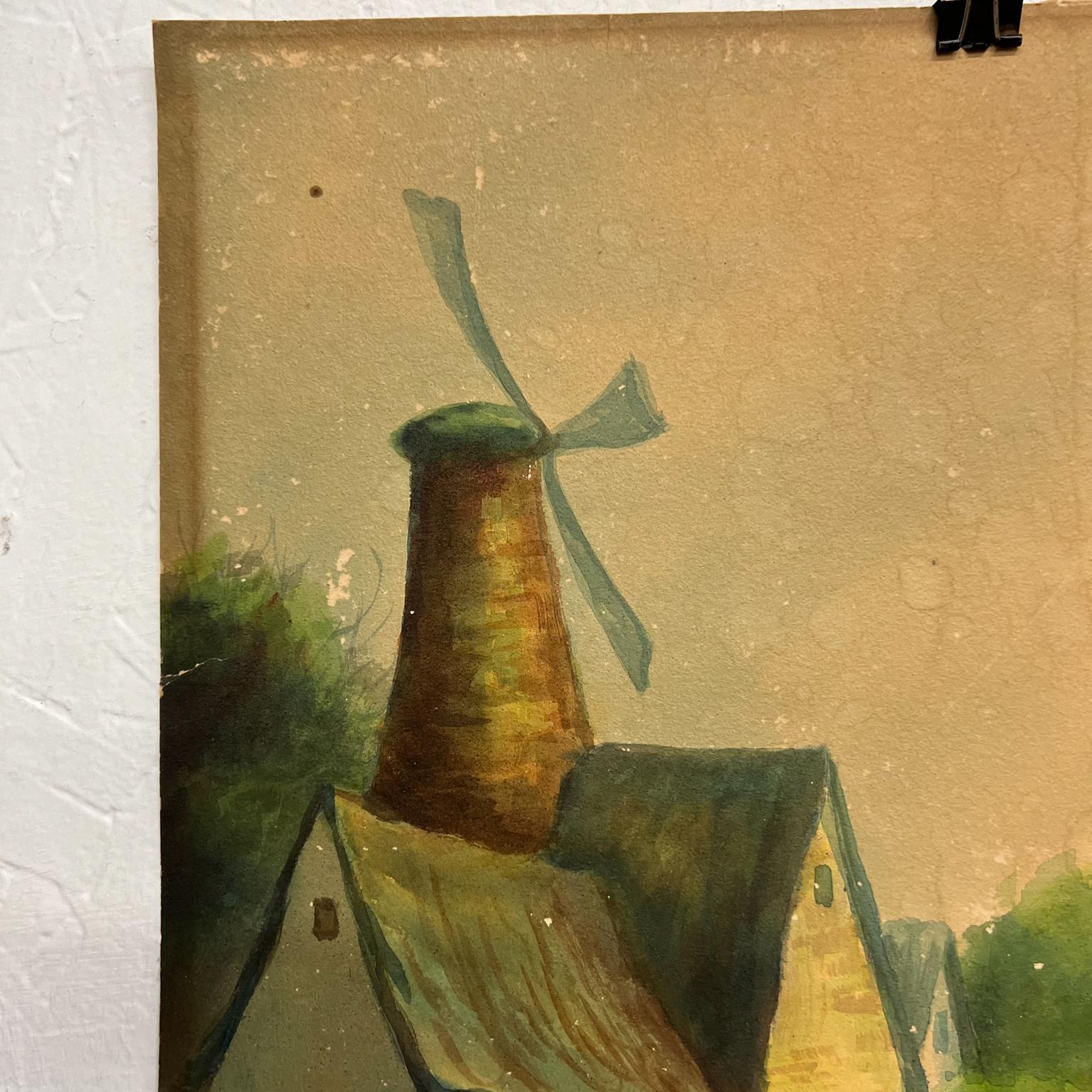 Vintage Art Watercolor Scenic Holland Countryside Windmill Lake & Boat In Fair Condition For Sale In Chula Vista, CA