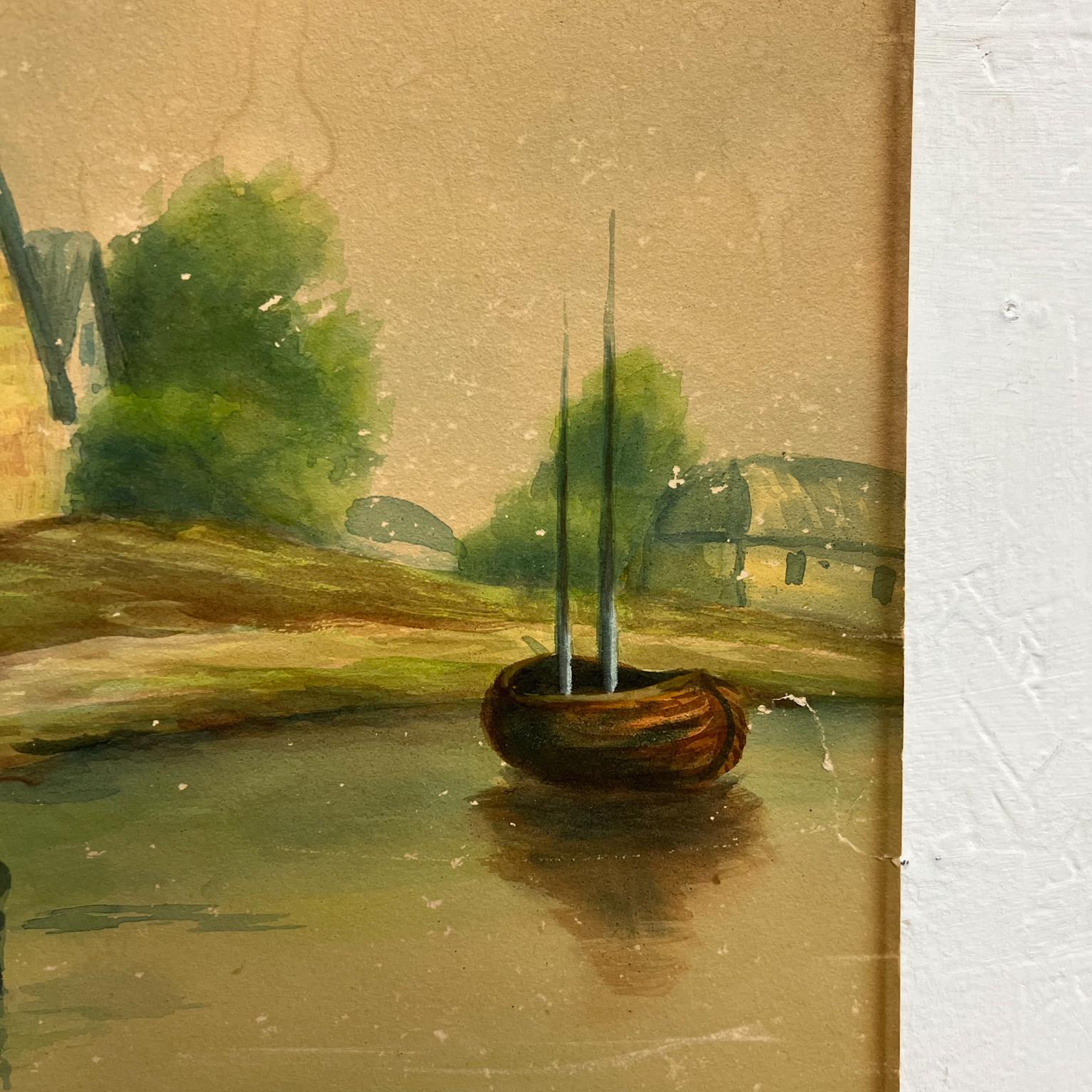 Papier Aquarelle d'art vintage - Scène scénique de campagne en Hollande - Lac et bateau en vente