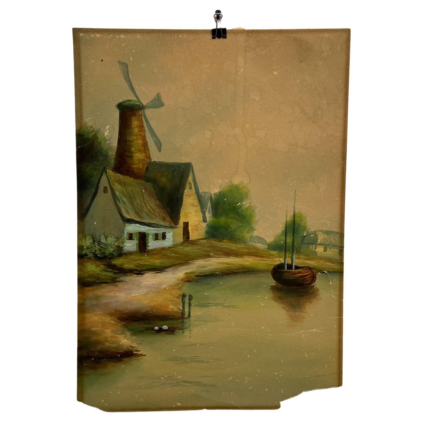 Aquarell-Szene in Holland, Landleben, Windmühle, Lake & Boat, Vintage im Angebot