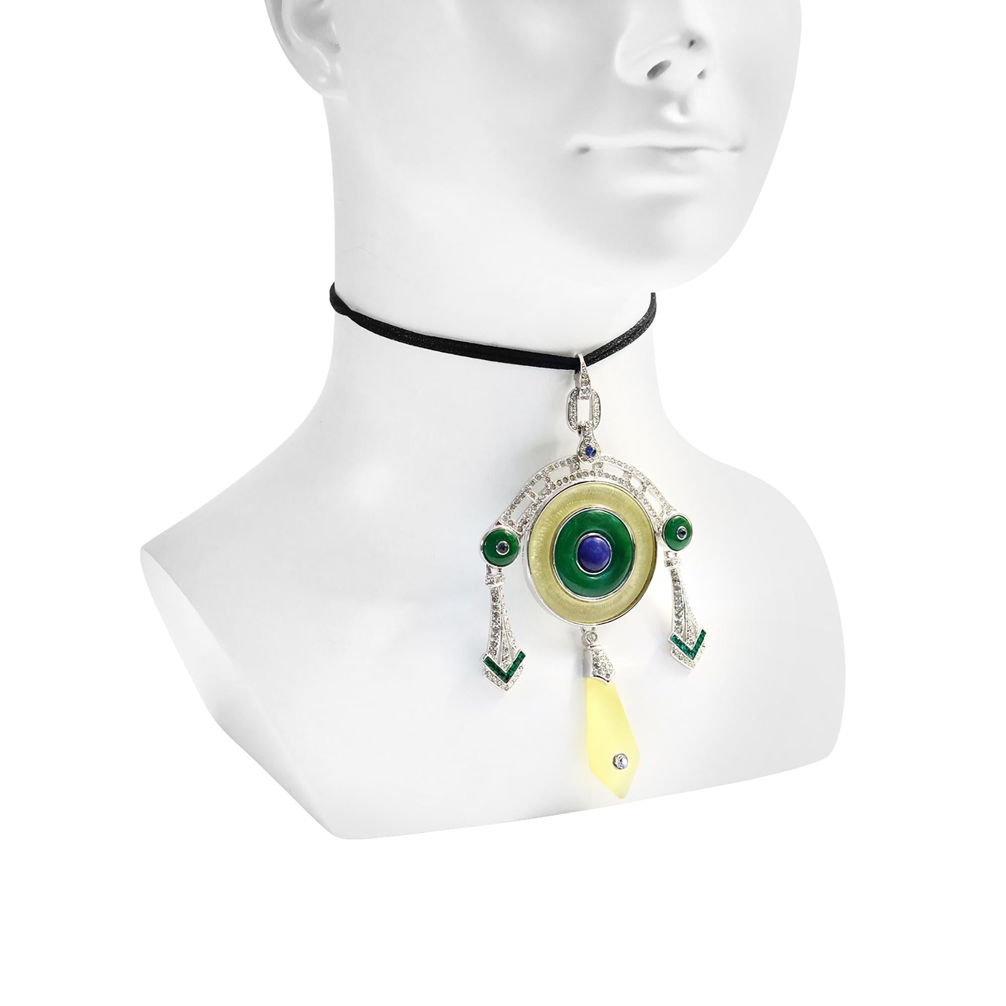 Moderno Ciondolo vintage ArtDeco89 con smalto e diamanti pendenti, circa anni '80 in vendita