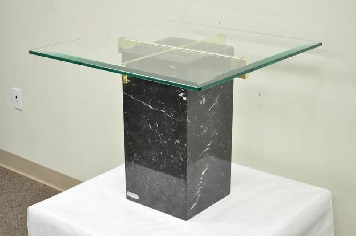Vintage Artedi Italian Modern Brass, Marble, and Beveled Glass Cantilever Accent Side Table. Circa Late 20th Century, Italy. Measurements: 20