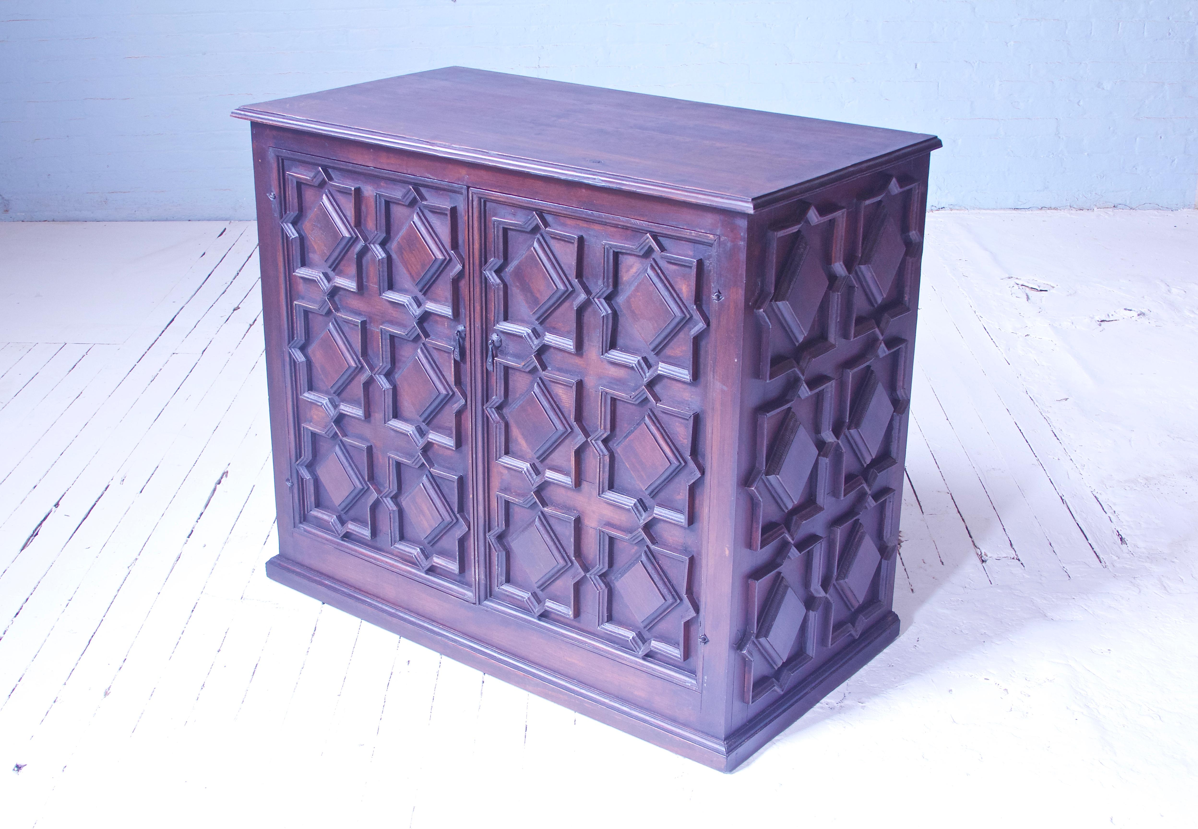 Vintage 'Artes De Mexico' Carved Chest in Pine with Hand-Struck Iron Hardware  In Good Condition In Brooklyn, NY