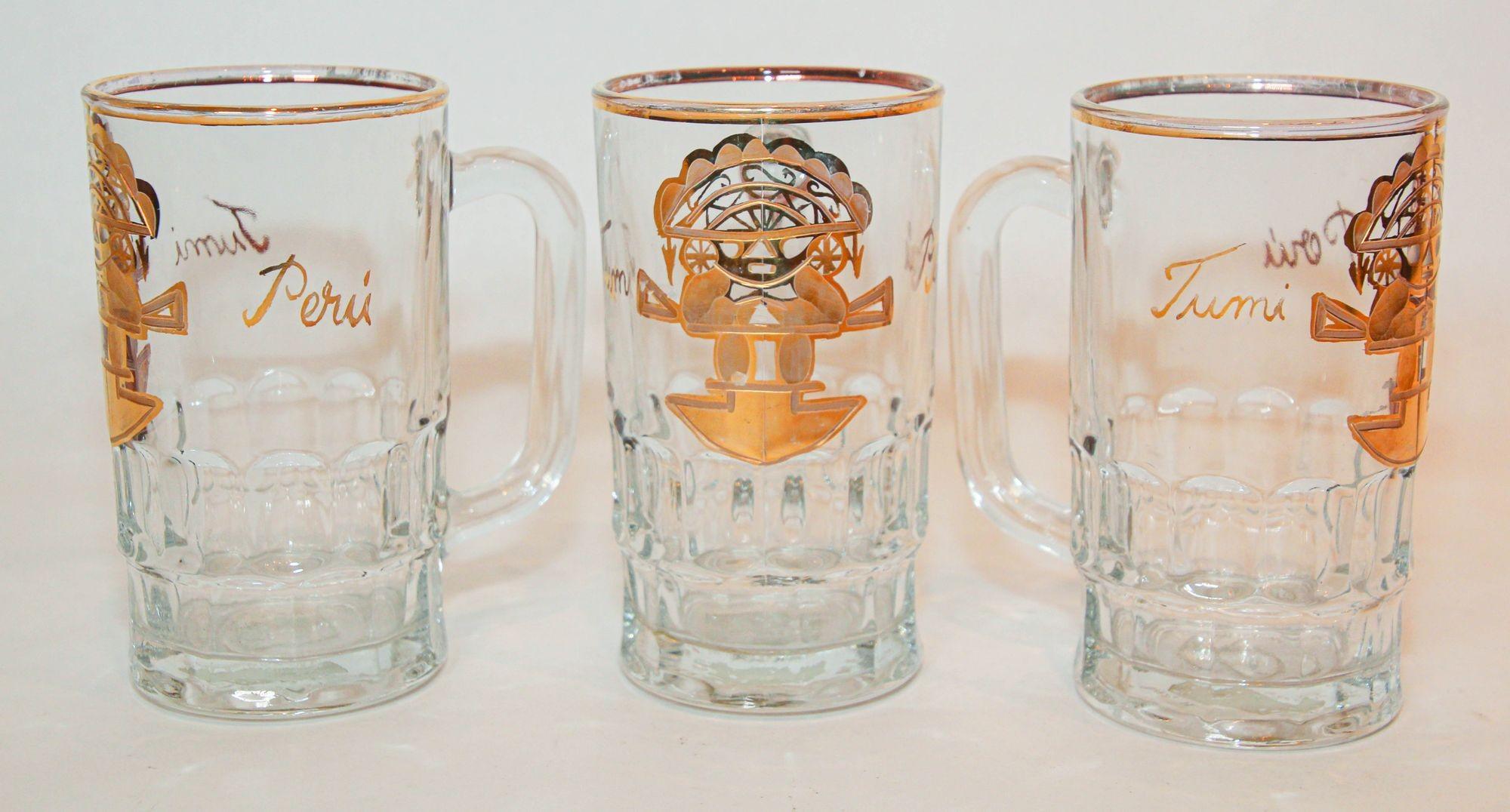 Vintage Artesania Tabuisa Mugs Set of 3 with Tumi Peruvian God Design In Good Condition For Sale In North Hollywood, CA