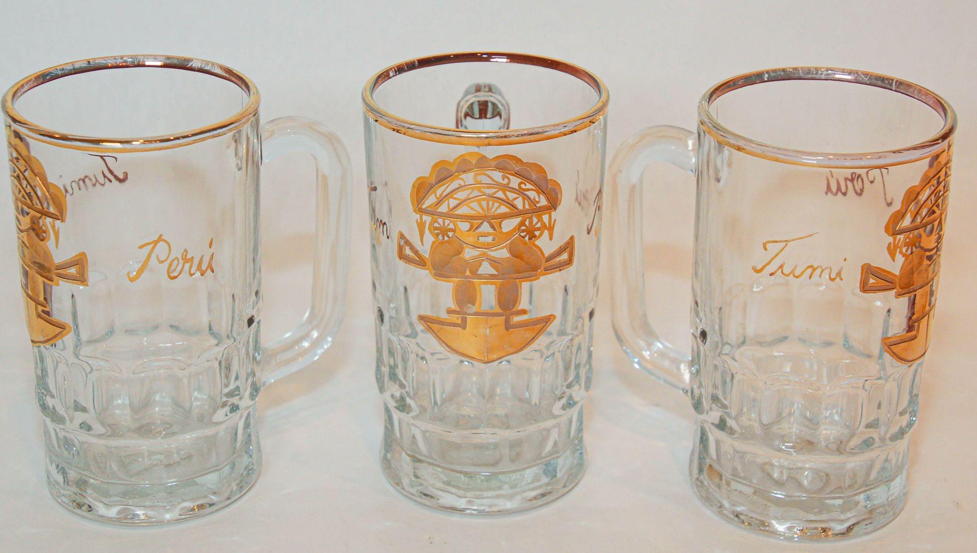 Cut Glass Vintage Artesania Tabuisa Mugs Set of 3 with Tumi Peruvian God Design For Sale