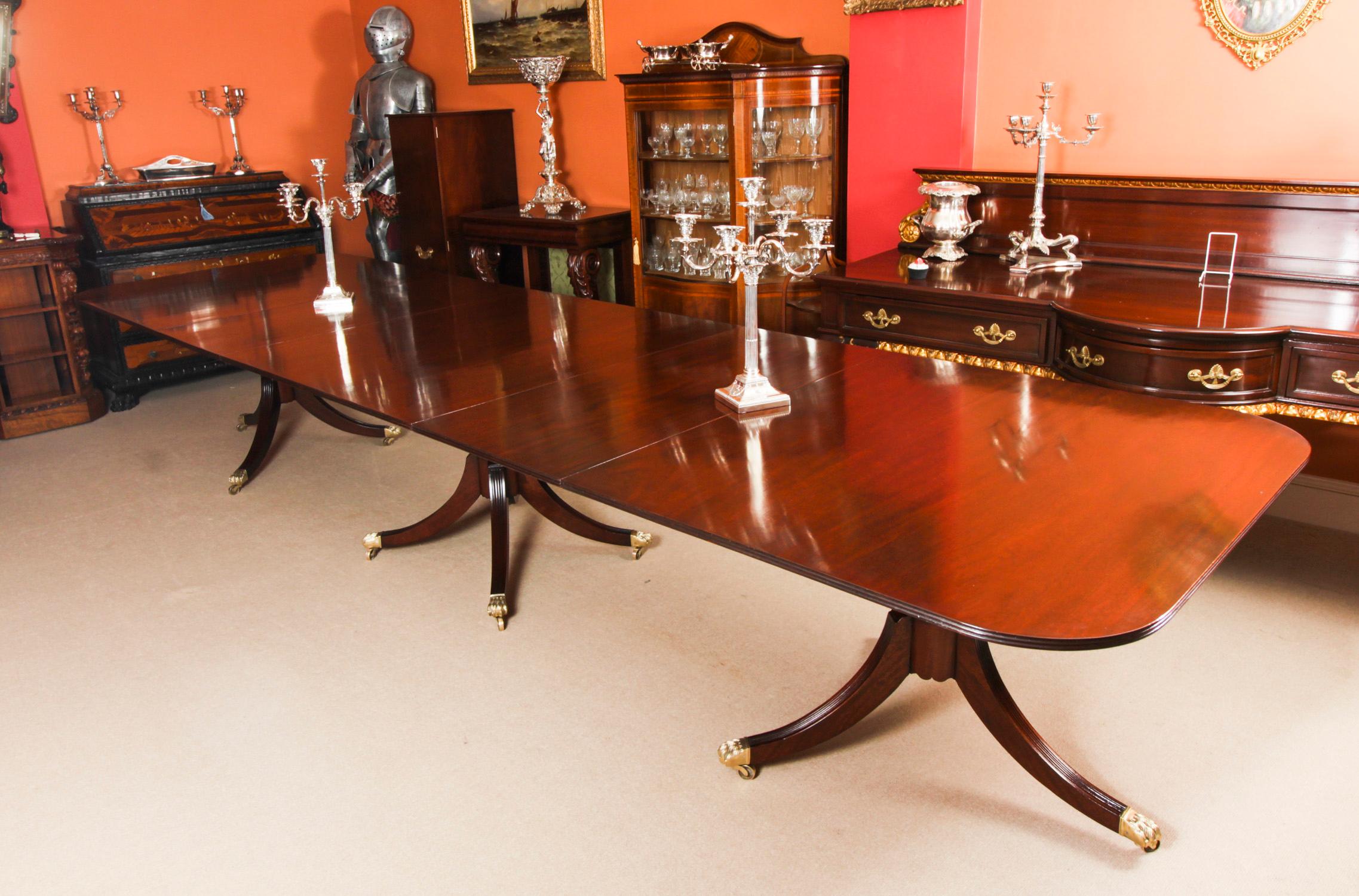 English Vintage Arthur Brett Three Pillar Mahogany Dining Table 16 Chairs 20th Century