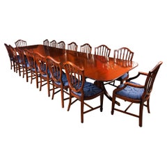 Vintage Arthur Brett Three Pillar Mahogany Dining Table 16 Chairs 20th Century