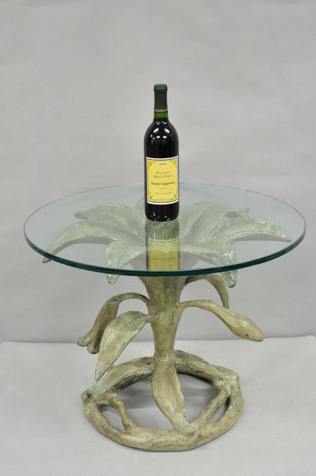 Please message us with your zip code to request a more reasonable domestic U.S shipping quote.

Vintage Arthur Court Green Verdigris Gilt Heavy Bronze & Round Glass Lily Flower Side Table. Item features a heavy cast bronze base (see underside pic