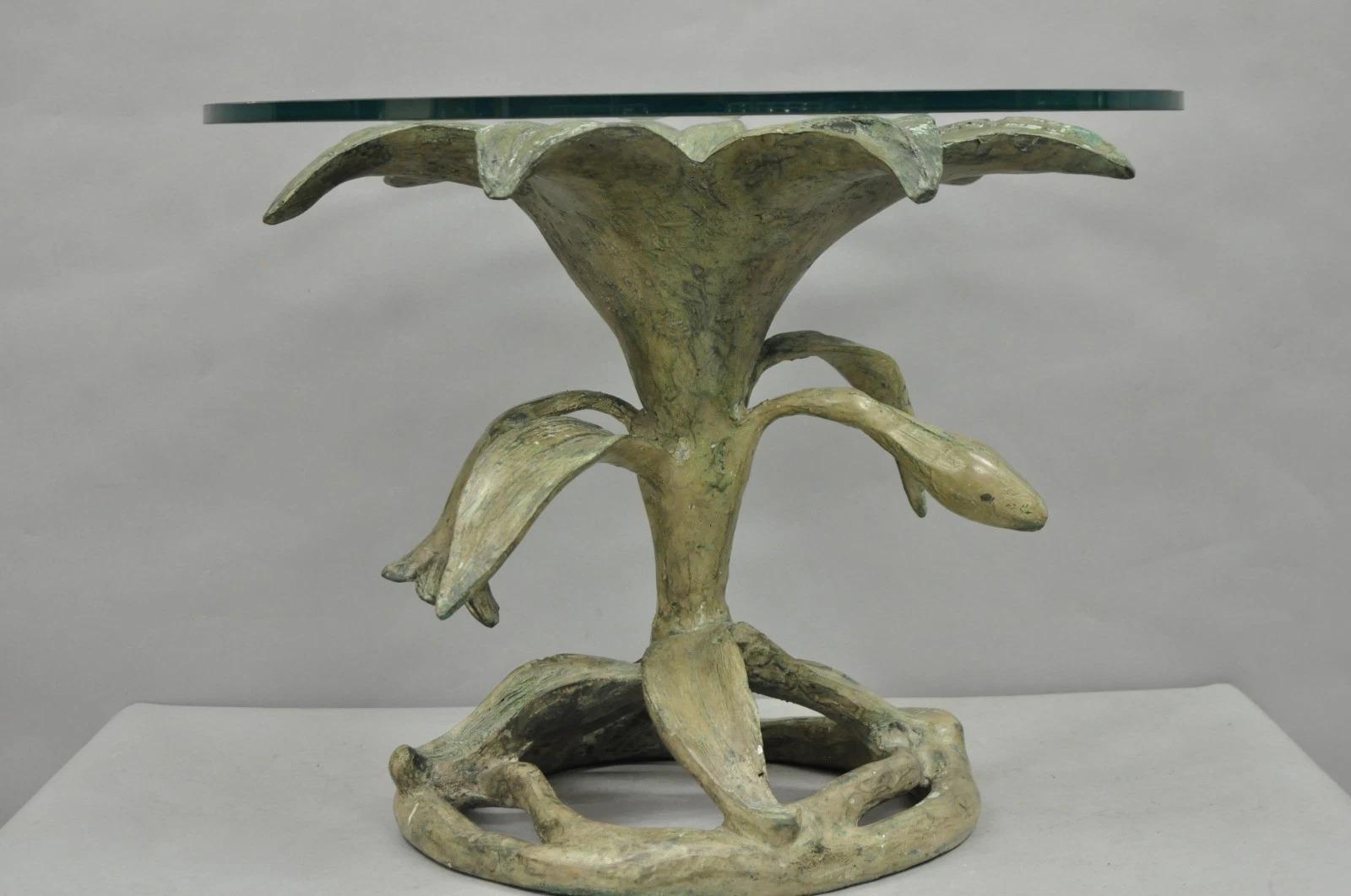 Hollywood Regency Vintage Arthur Court Green Verdigris Gilt Bronze & Glass Lily Flower Side Table For Sale