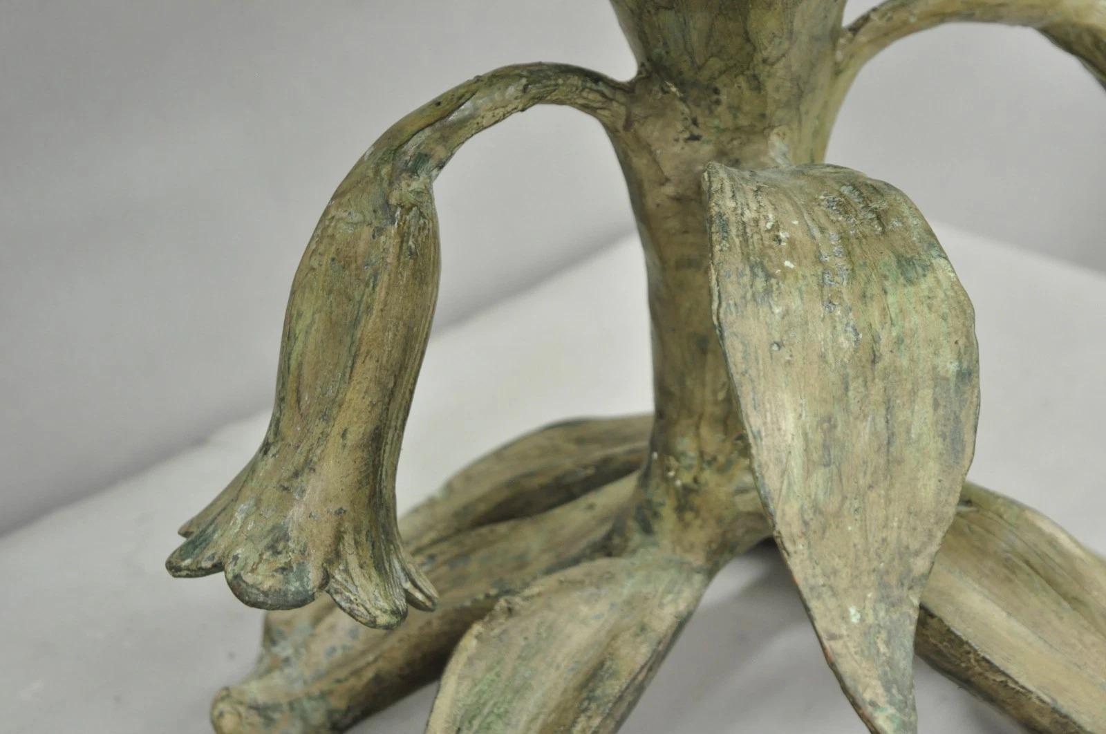 20th Century Vintage Arthur Court Green Verdigris Gilt Bronze & Glass Lily Flower Side Table For Sale