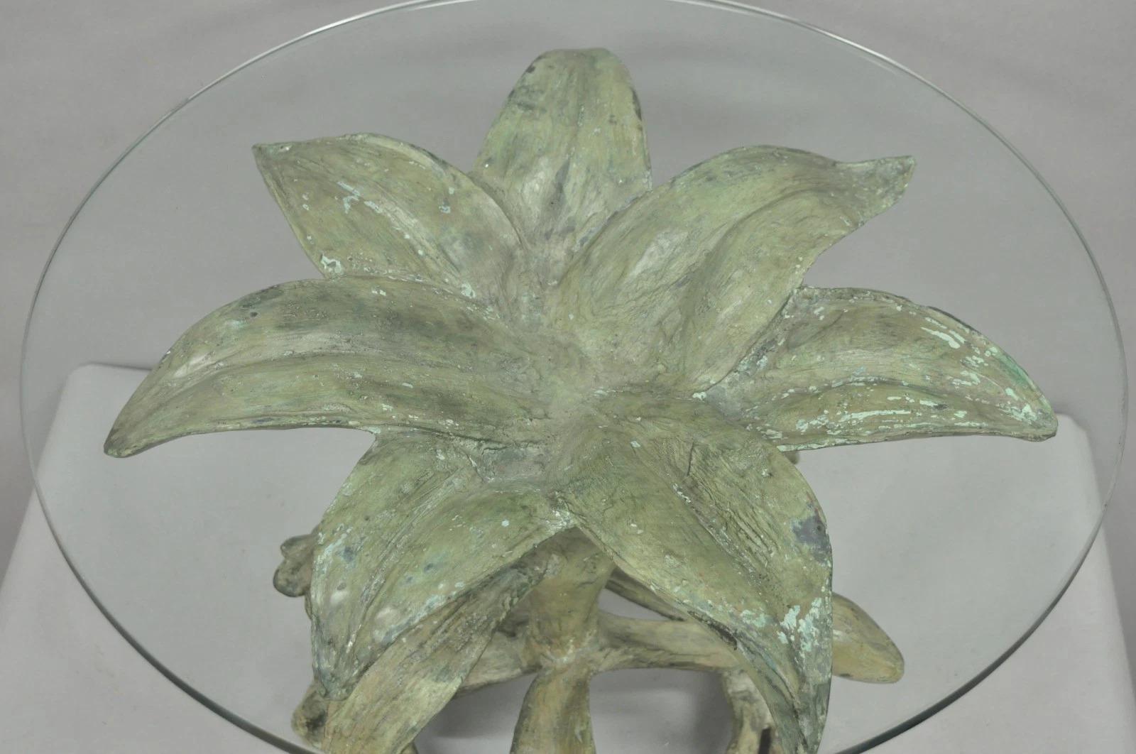 Vintage Arthur Court Green Verdigris Gilt Bronze & Glass Lily Flower Side Table For Sale 1