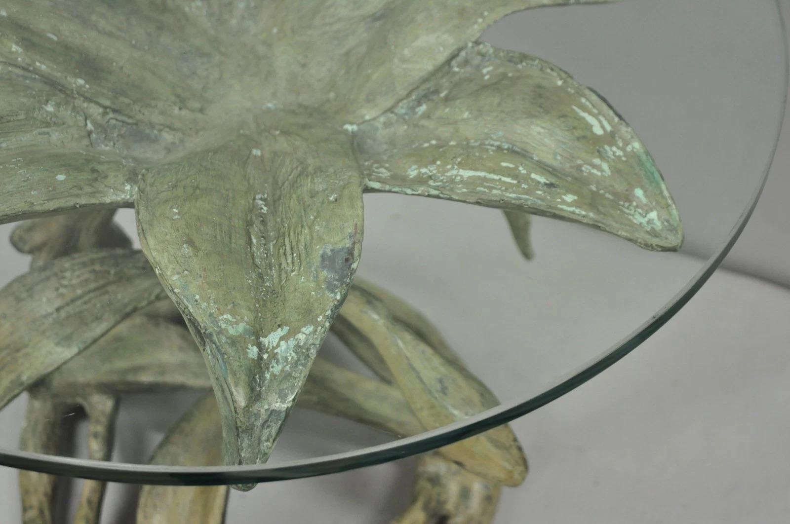 Vintage Arthur Court Green Verdigris Gilt Bronze & Glass Lily Flower Side Table For Sale 2