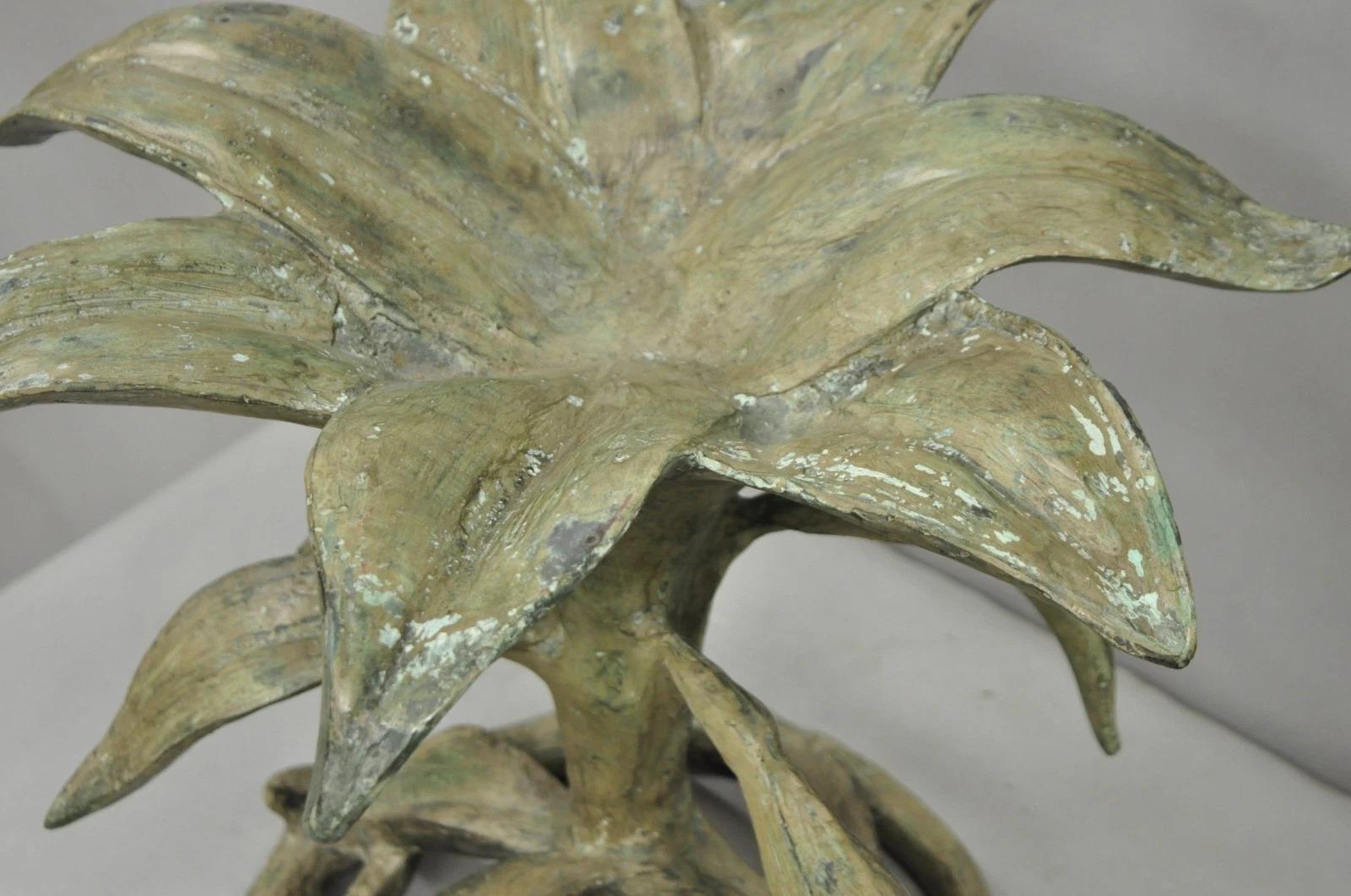 Vintage Arthur Court Green Verdigris Gilt Bronze & Glass Lily Flower Side Table For Sale 3
