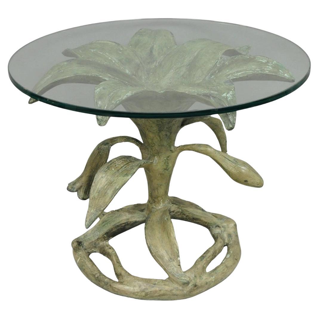 Vintage Arthur Court Green Verdigris Gilt Bronze & Glass Lily Flower Side Table For Sale