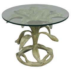 Vintage Arthur Court Green Verdigris Gilt Bronze & Glass Lily Flower Side Table
