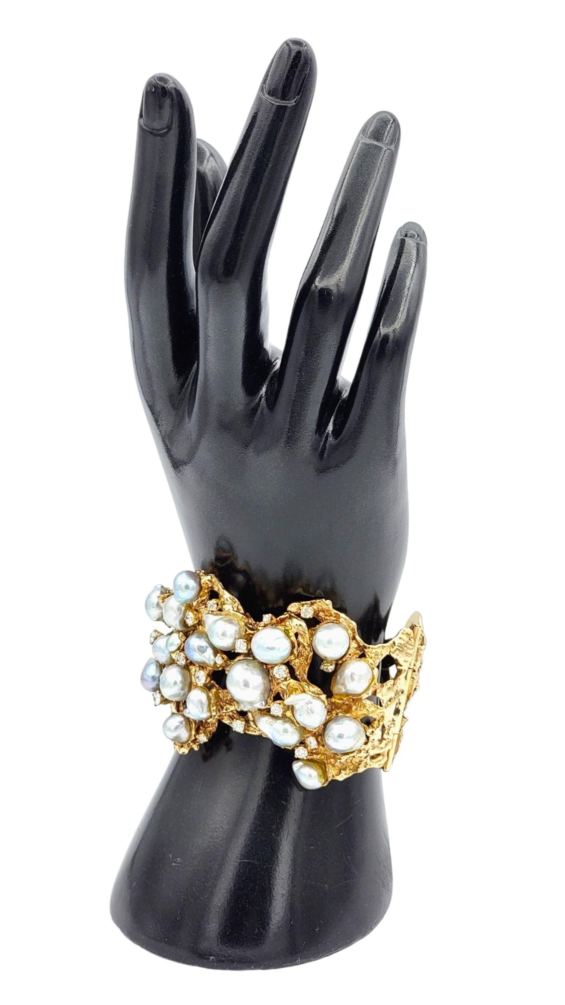 Vintage Arthur King Baroque Pearl and Diamond 14 Karat Yellow Gold Cuff Bracelet For Sale 4