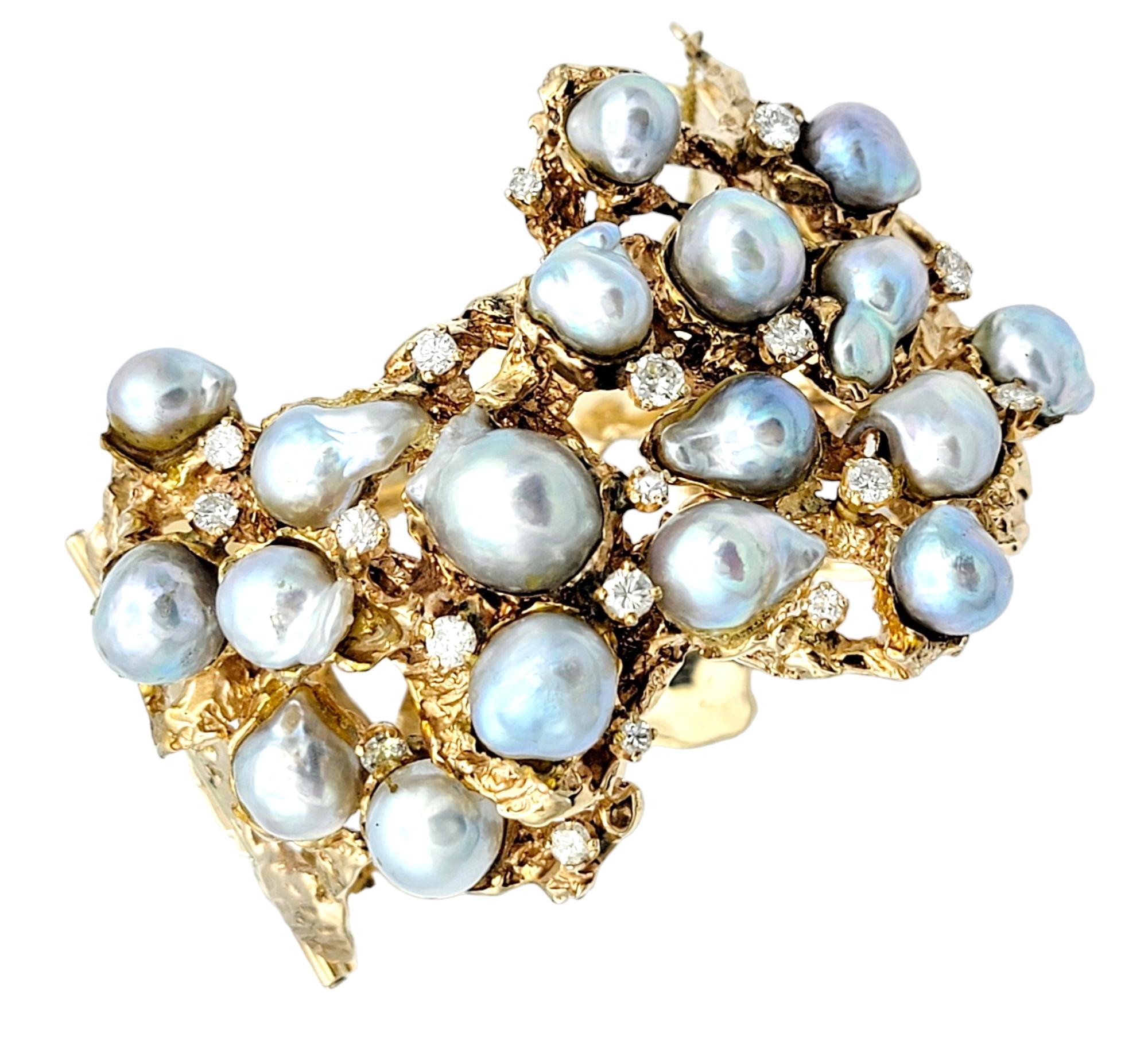 Contemporary Vintage Arthur King Baroque Pearl and Diamond 14 Karat Yellow Gold Cuff Bracelet For Sale