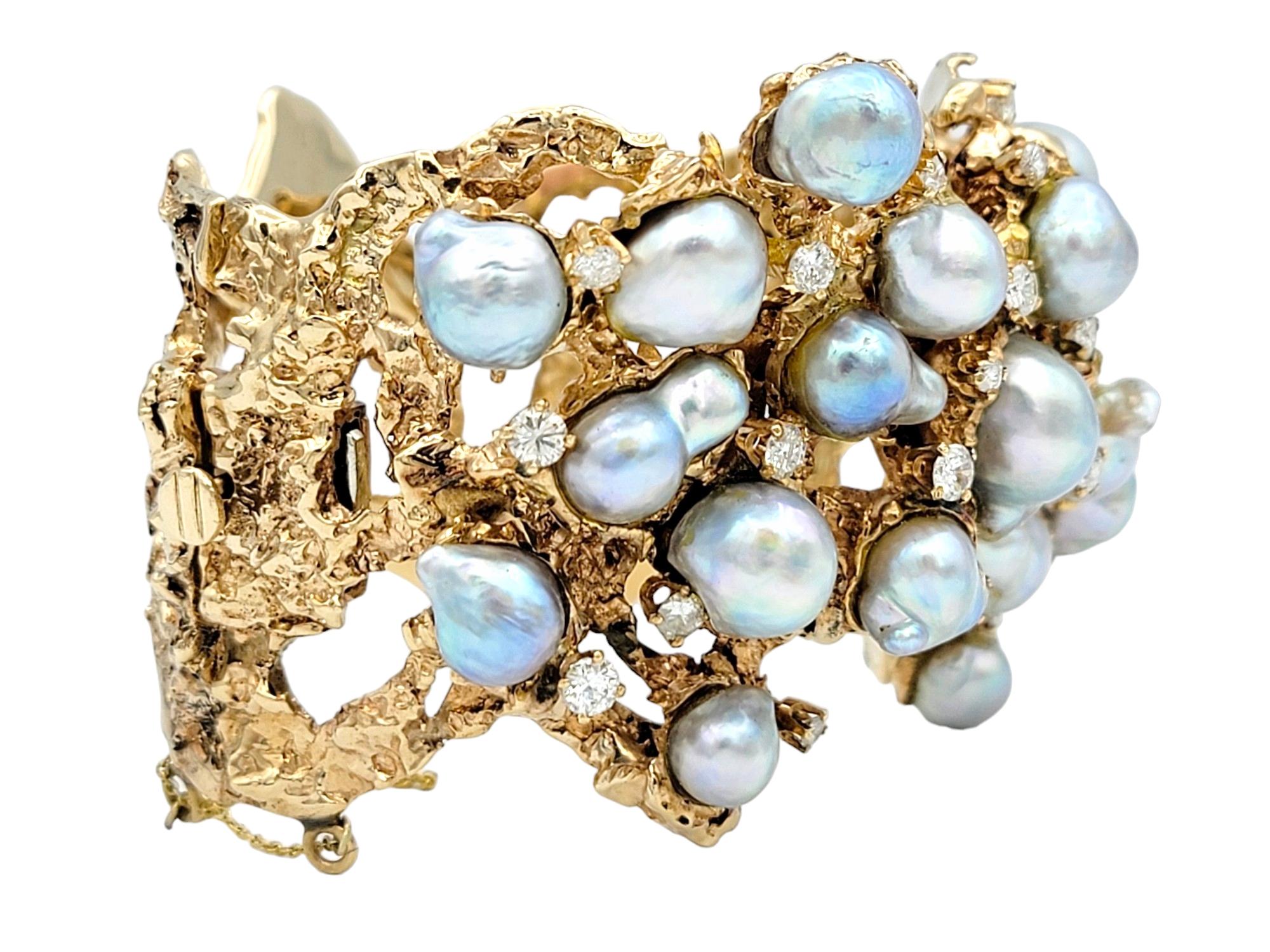 Round Cut Vintage Arthur King Baroque Pearl and Diamond 14 Karat Yellow Gold Cuff Bracelet For Sale