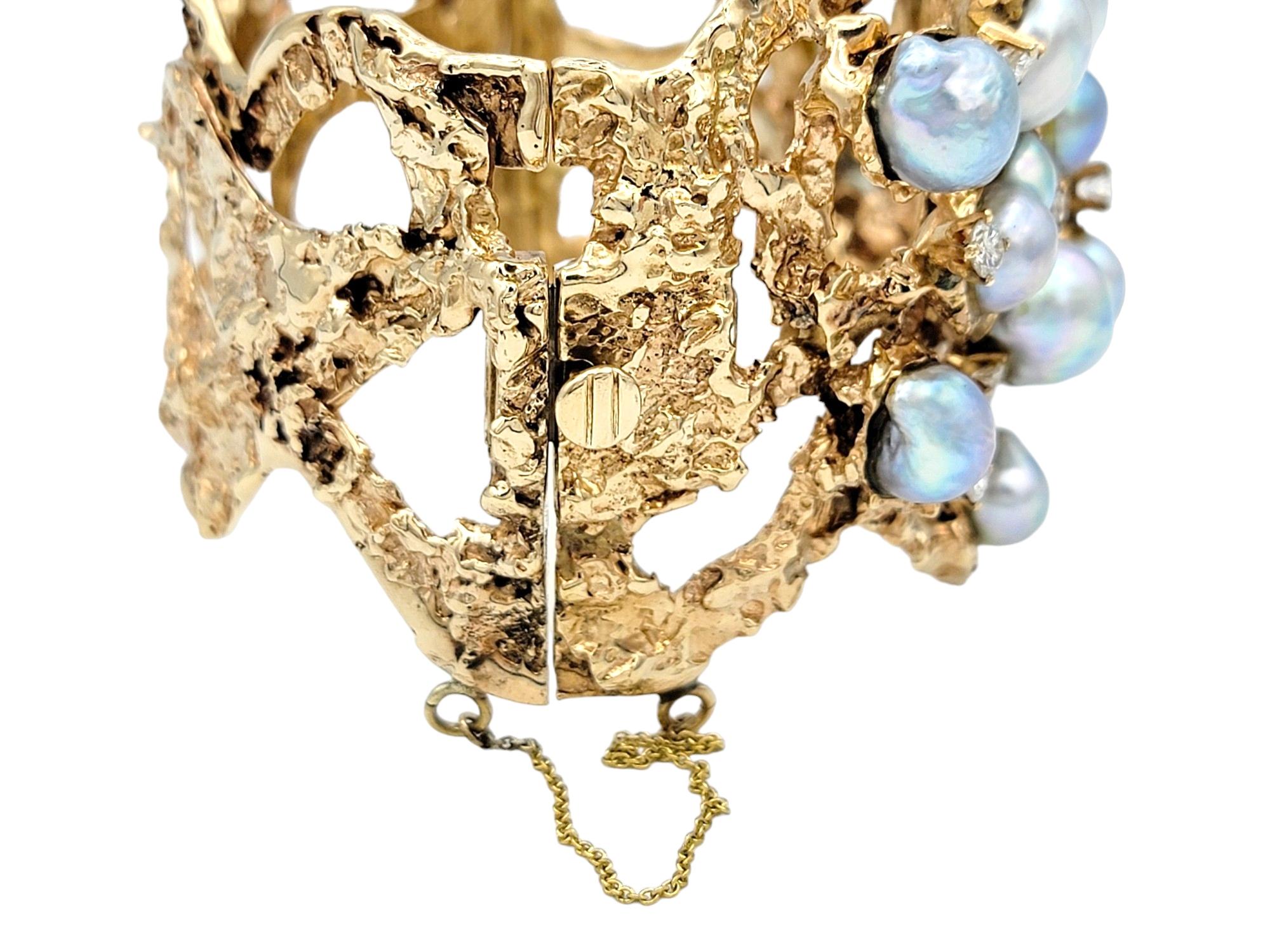 Vintage Arthur King Baroque Pearl and Diamond 14 Karat Yellow Gold Cuff Bracelet For Sale 1
