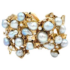 Vintage Arthur King Baroque Pearl and Diamond 14 Karat Yellow Gold Cuff Bracelet