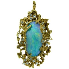 Vintage Arthur King Opal and Diamond Pendant and Brooch in 18 Karat Yellow Gold