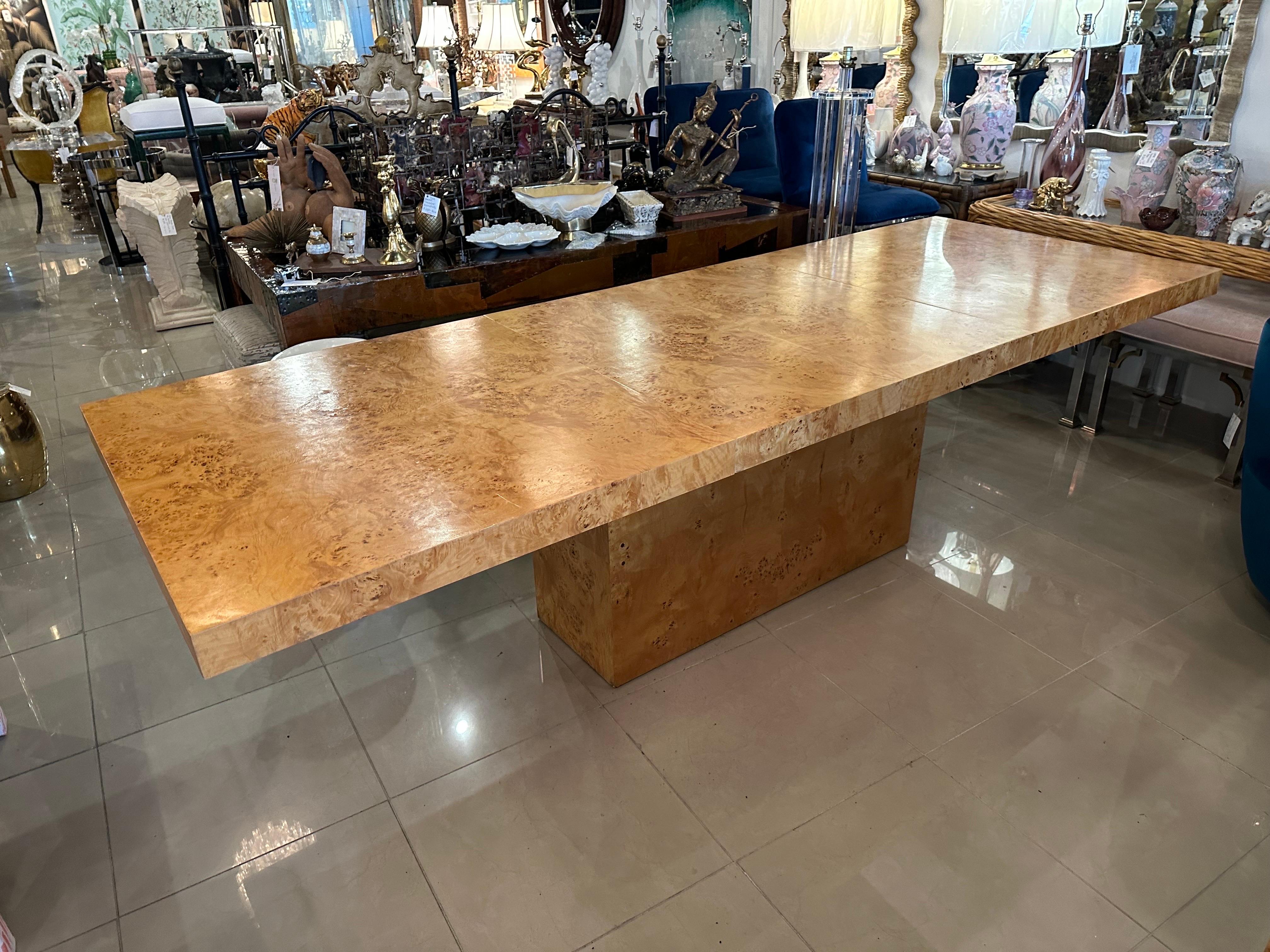 Vintage Arthur Umanoff Burl Burled Wood Dining Table 2 Leaves Pedestal Olivewood In Good Condition For Sale In West Palm Beach, FL