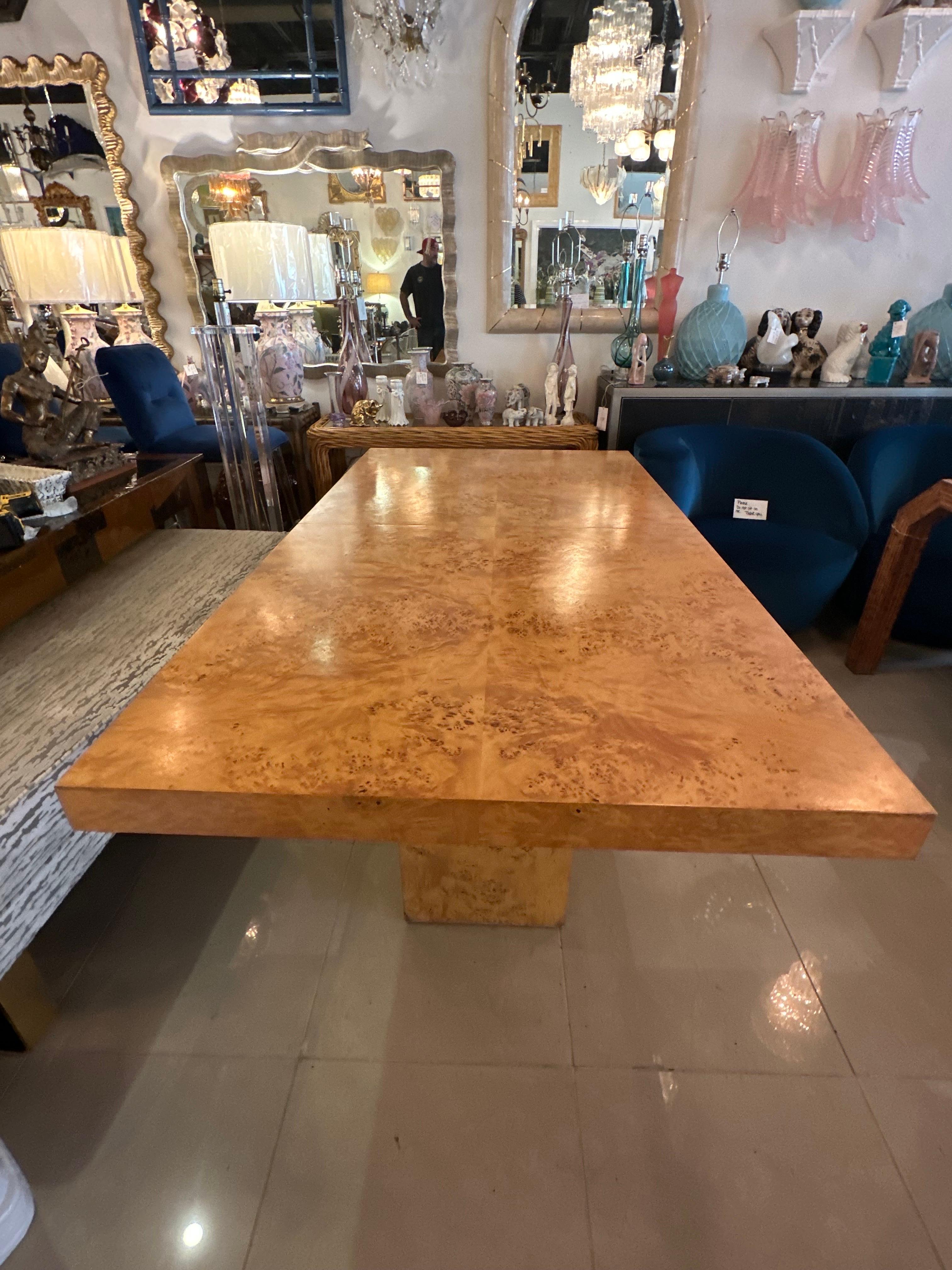 Vintage Arthur Umanoff Burl Burled Wood Dining Table 2 Leaves Pedestal Olivewood In Good Condition For Sale In West Palm Beach, FL