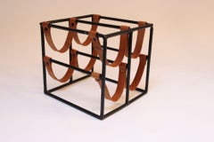 Rack à vin vintage Arthur Umanoff en fer et cuir pour quatre bouteilles