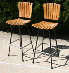 Vintage Arthur Umanoff Mid Century Slatted Wood and Metal Swivel Bar Stools MCM
