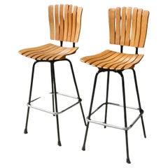 Vintage Arthur Umanoff Mid Century Slatted Wood and Metal Swivel Bar Stools MCM