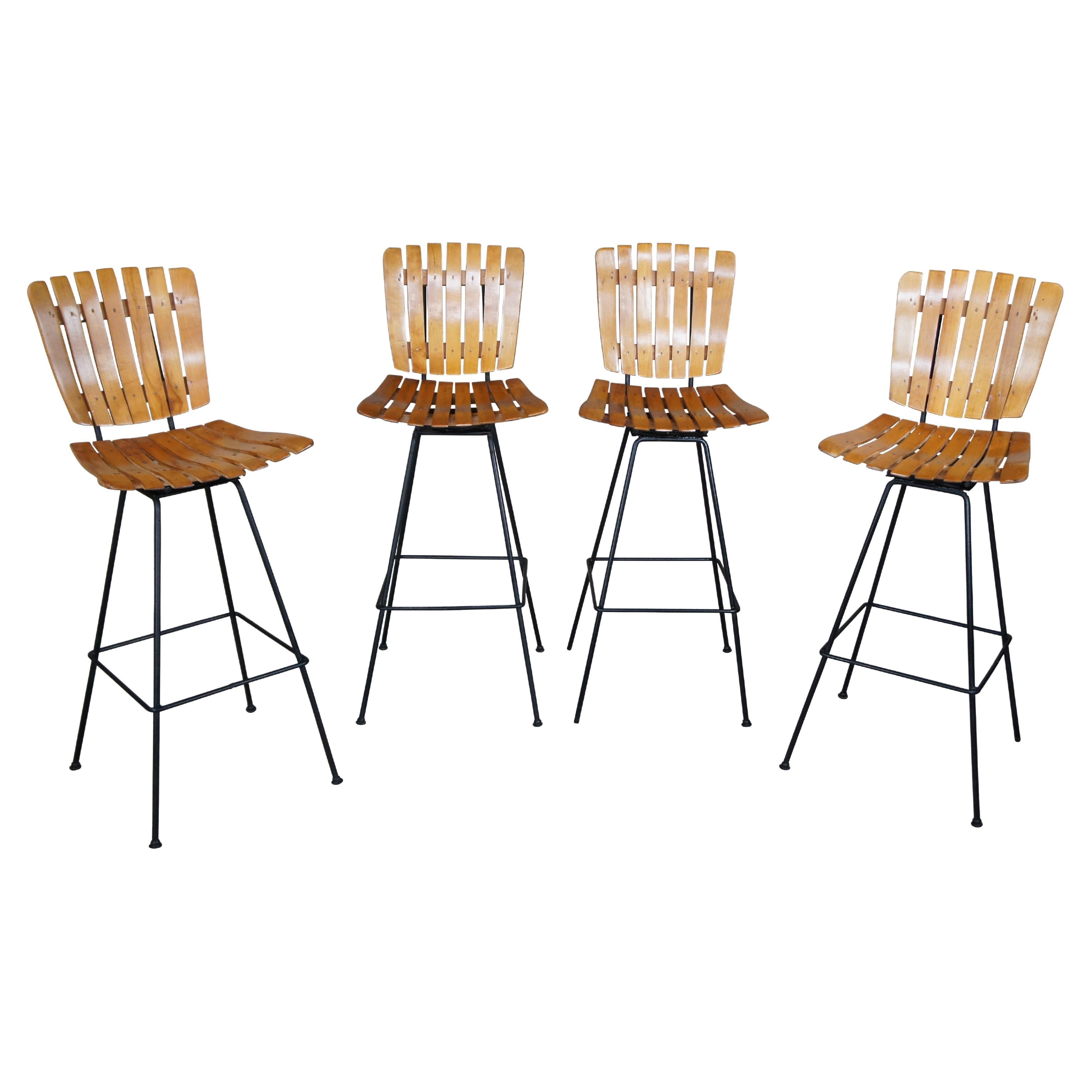 Vintage Arthur Umanoff Mid Century Slatted Wood & Iron Swivel Bar Stools MCM
