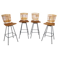 Vintage Arthur Umanoff Mid Century Slatted Wood & Iron Swivel Bar Stools MCM