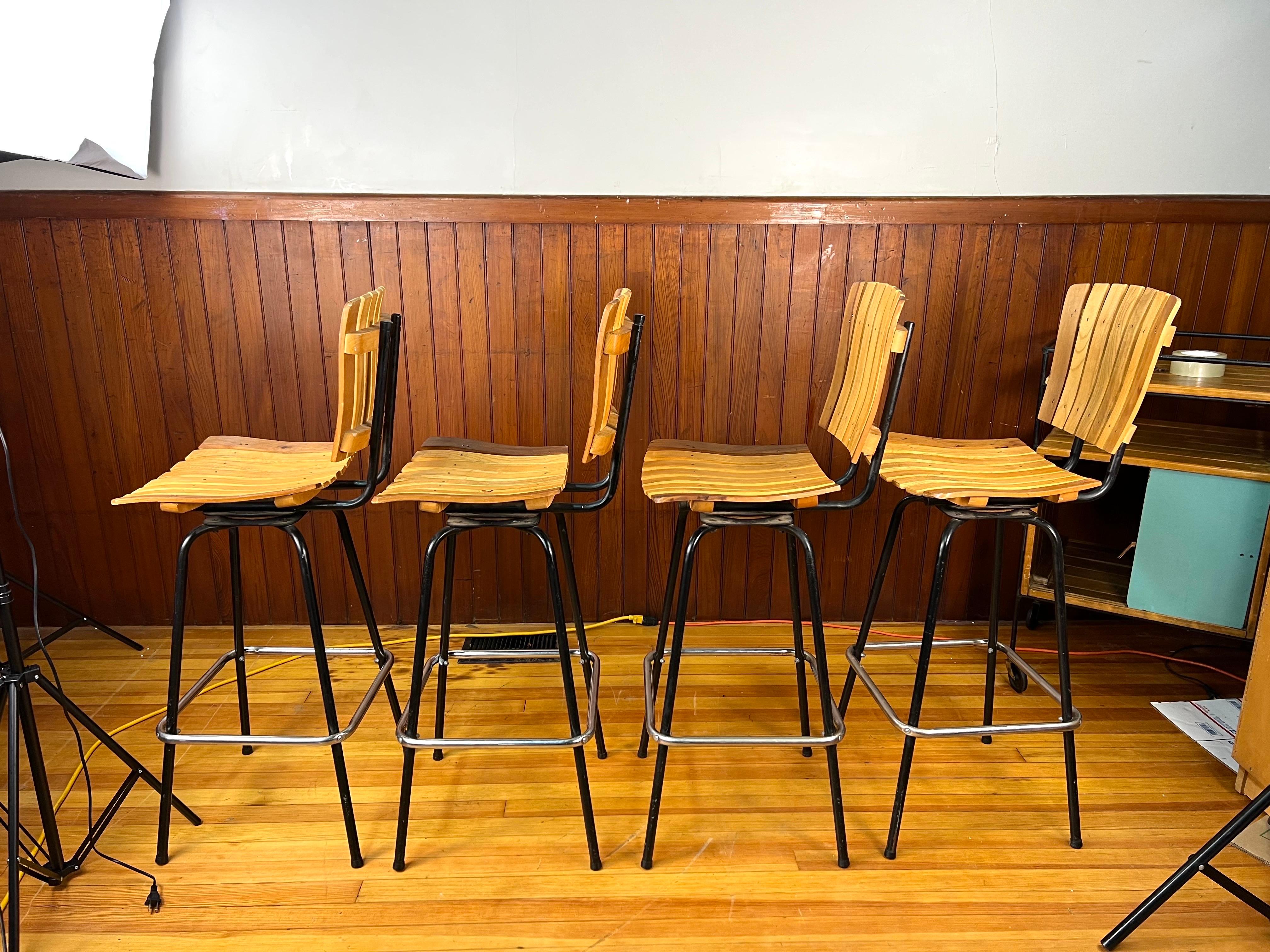 Mid-Century Modern Vintage Arthur Umanoff Style Swivel Slat Bar Stools - Set of 4 For Sale