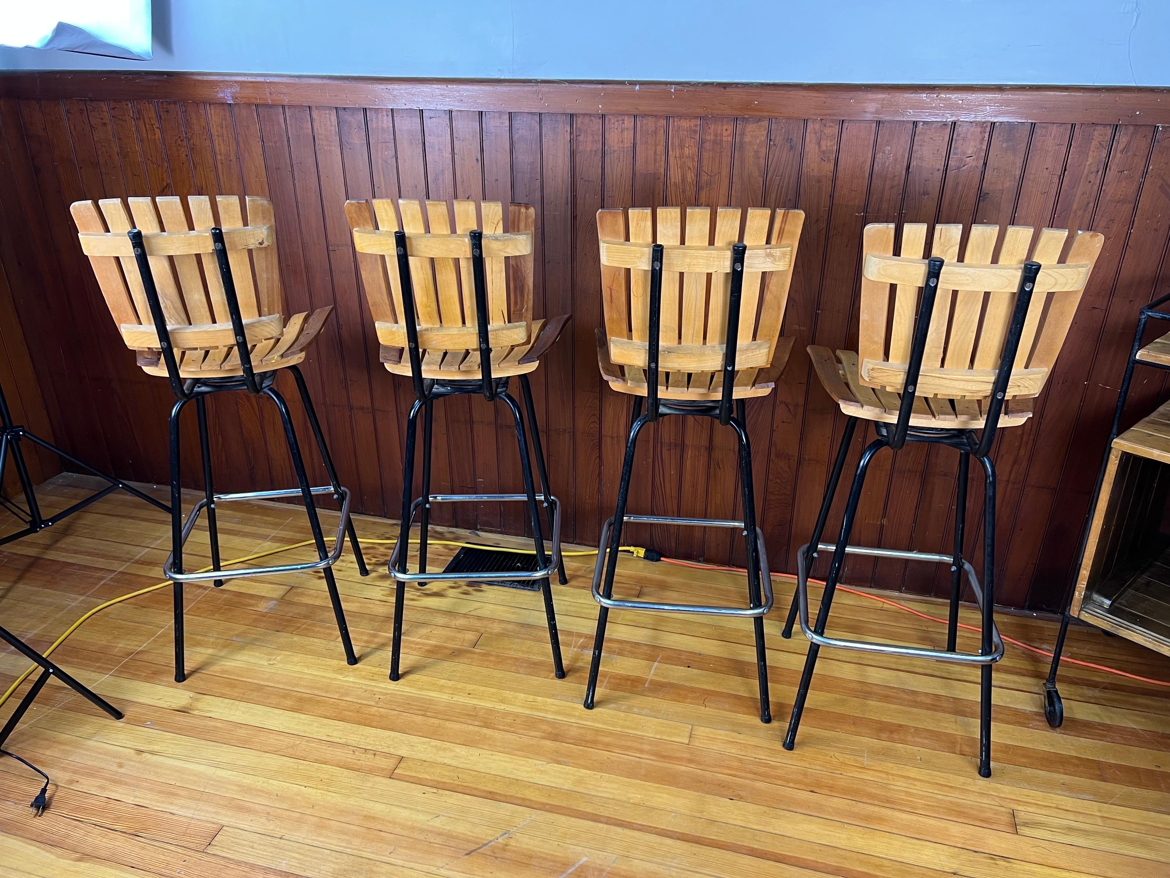 American Vintage Arthur Umanoff Style Swivel Slat Bar Stools - Set of 4 For Sale