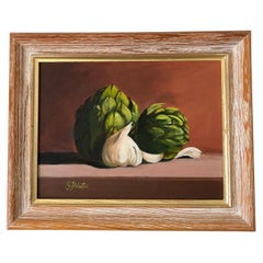 Vintage Artichoke and Garlic Still Life Oil Painting
