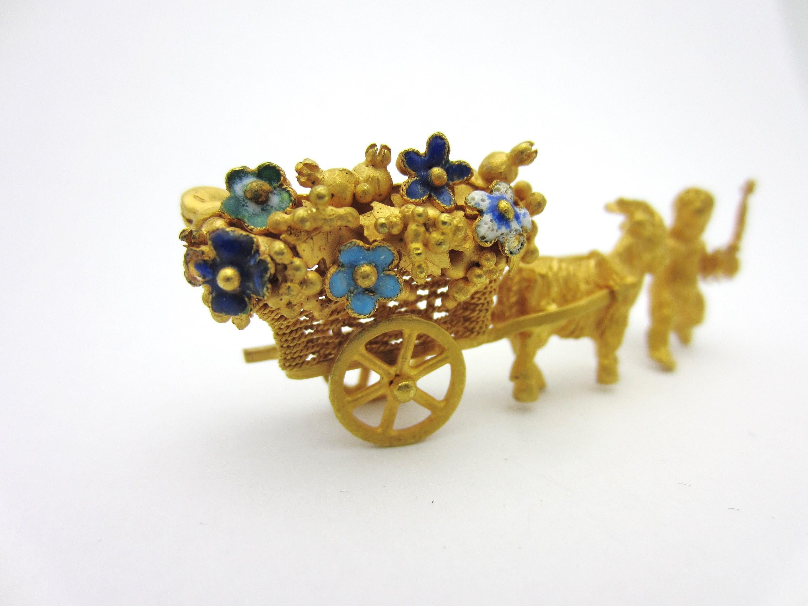 Vintage Articulated Cart with Ram, Cherub and Enamel Flowers 18 Karat Gold In Good Condition In Manchester, NH