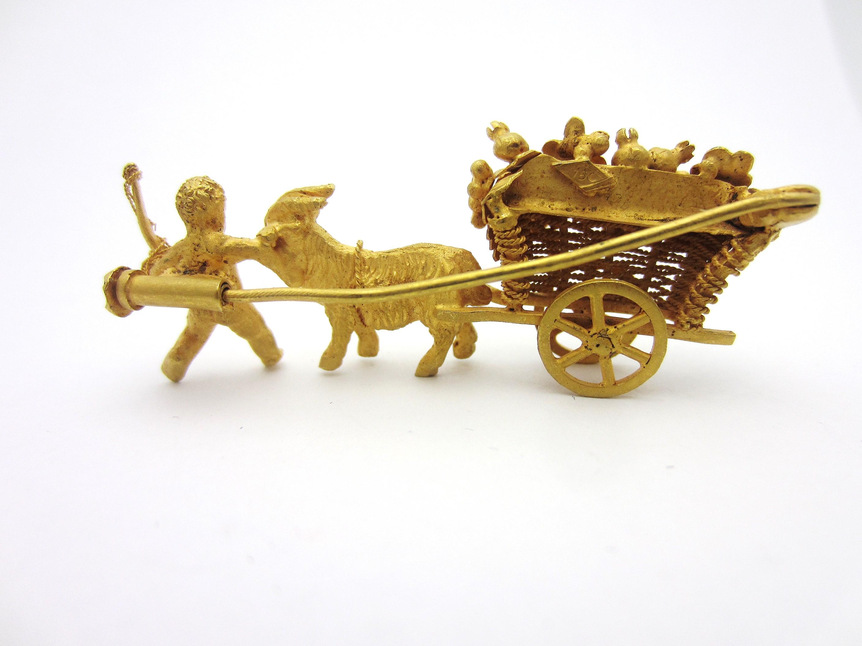 Women's Vintage Articulated Cart with Ram, Cherub and Enamel Flowers 18 Karat Gold