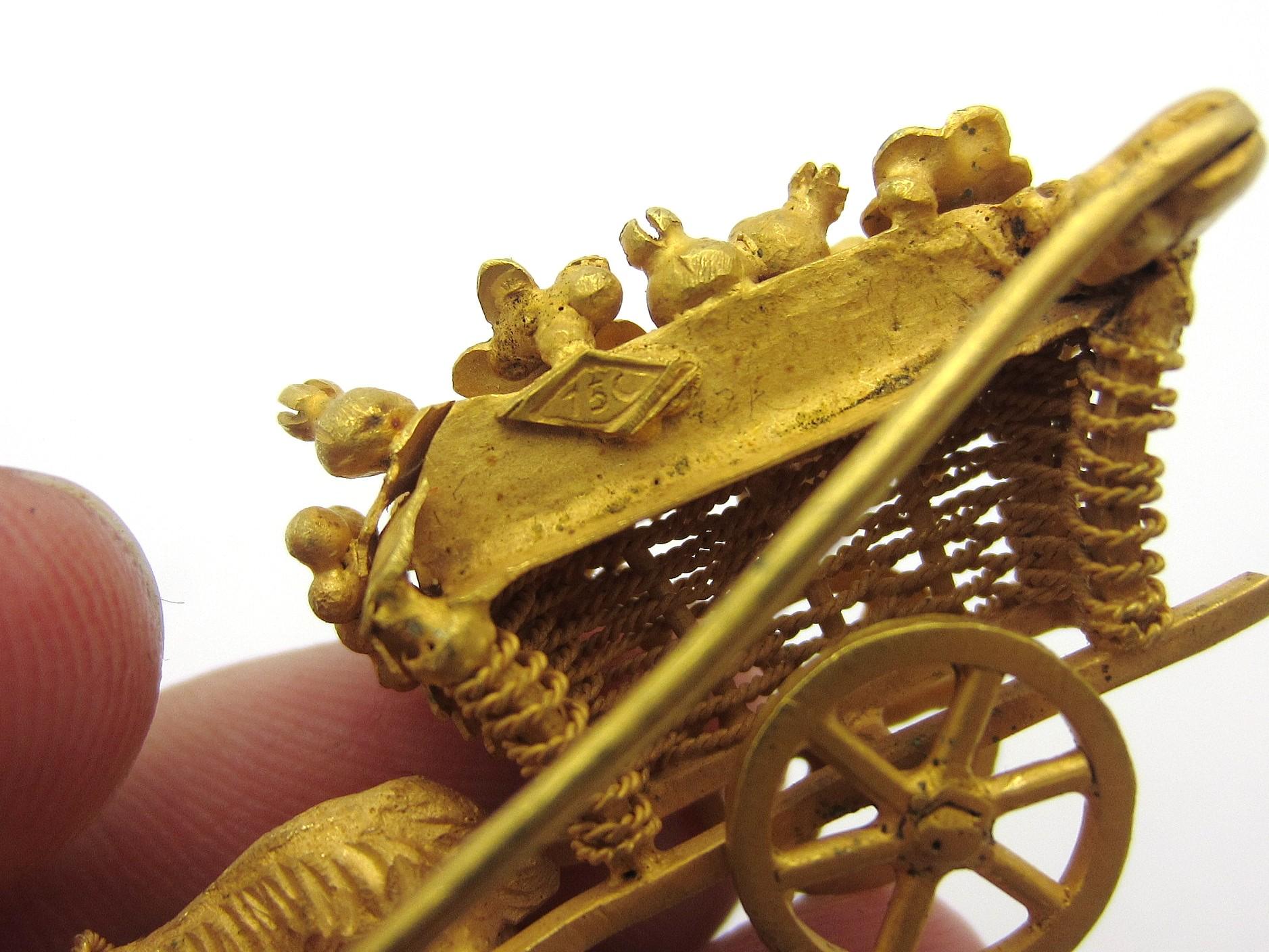 Vintage Articulated Cart with Ram, Cherub and Enamel Flowers 18 Karat Gold 1