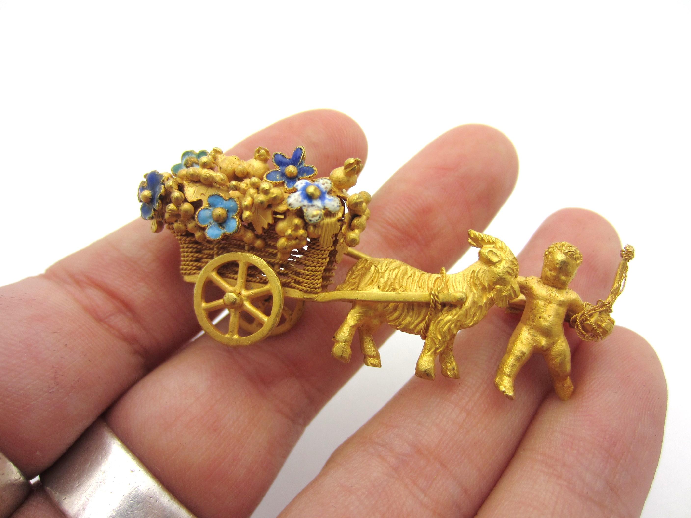 Vintage Articulated Cart with Ram, Cherub and Enamel Flowers 18 Karat Gold 2