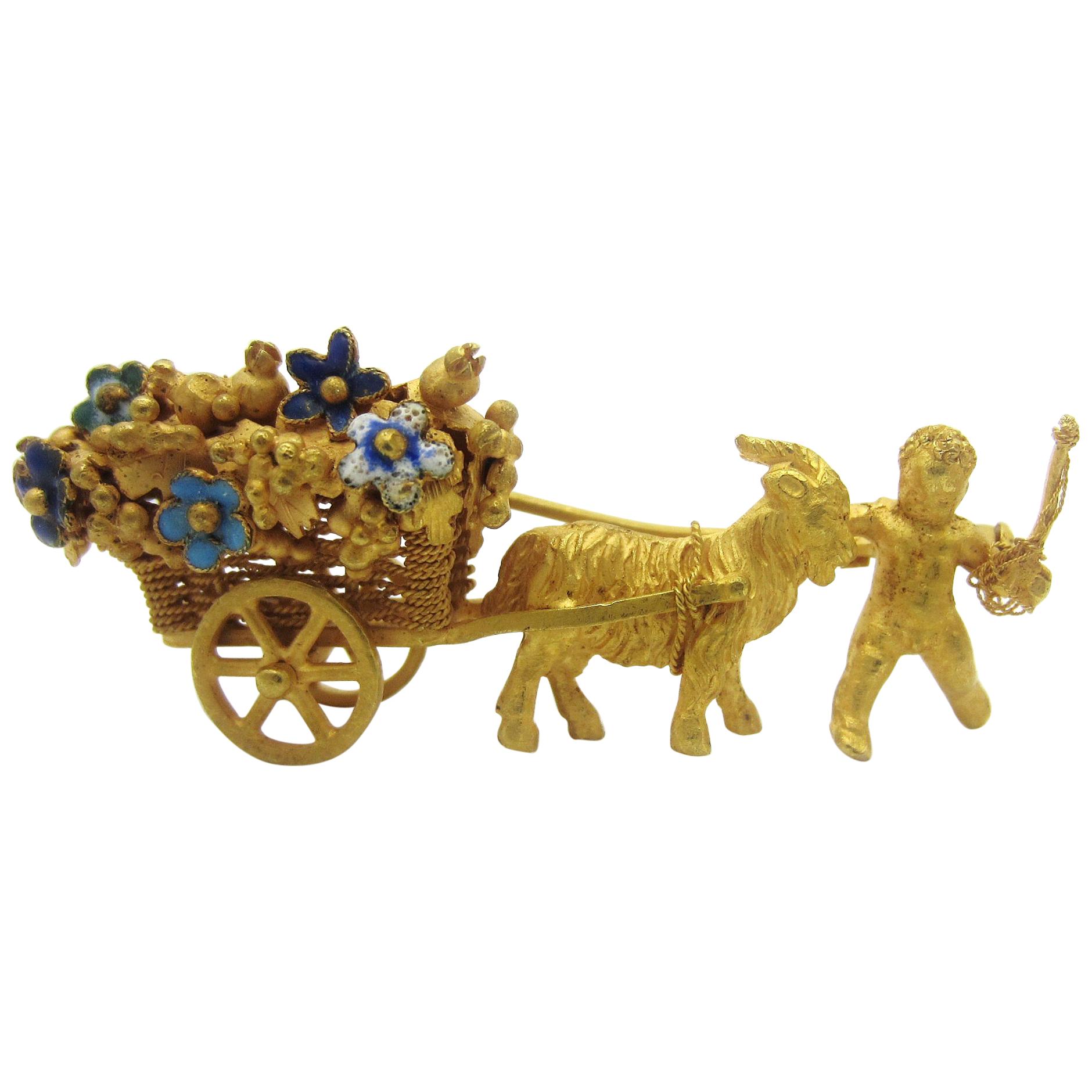 Vintage Articulated Cart with Ram, Cherub and Enamel Flowers 18 Karat Gold